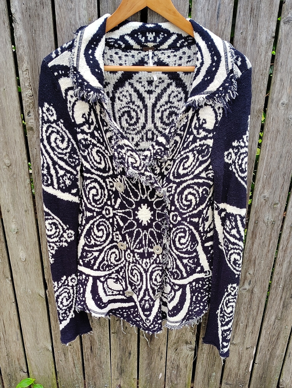 Free People Black & Cream Patterned Shawl Collar Cardigan